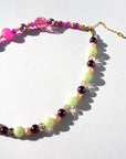 PLUMBPOP ~ Handmade statement necklace with crystal centrepiece, freshwater pearls, golden shadow rondelle crystal beads and various pink beads