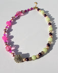 PLUMBPOP ~ Handmade statement necklace with crystal centrepiece, freshwater pearls, golden shadow rondelle crystal beads and various pink beads