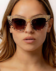 Queenie ~ Two-toned cat-eye sunglasses in gold glitter and translucent black polkadot acetate