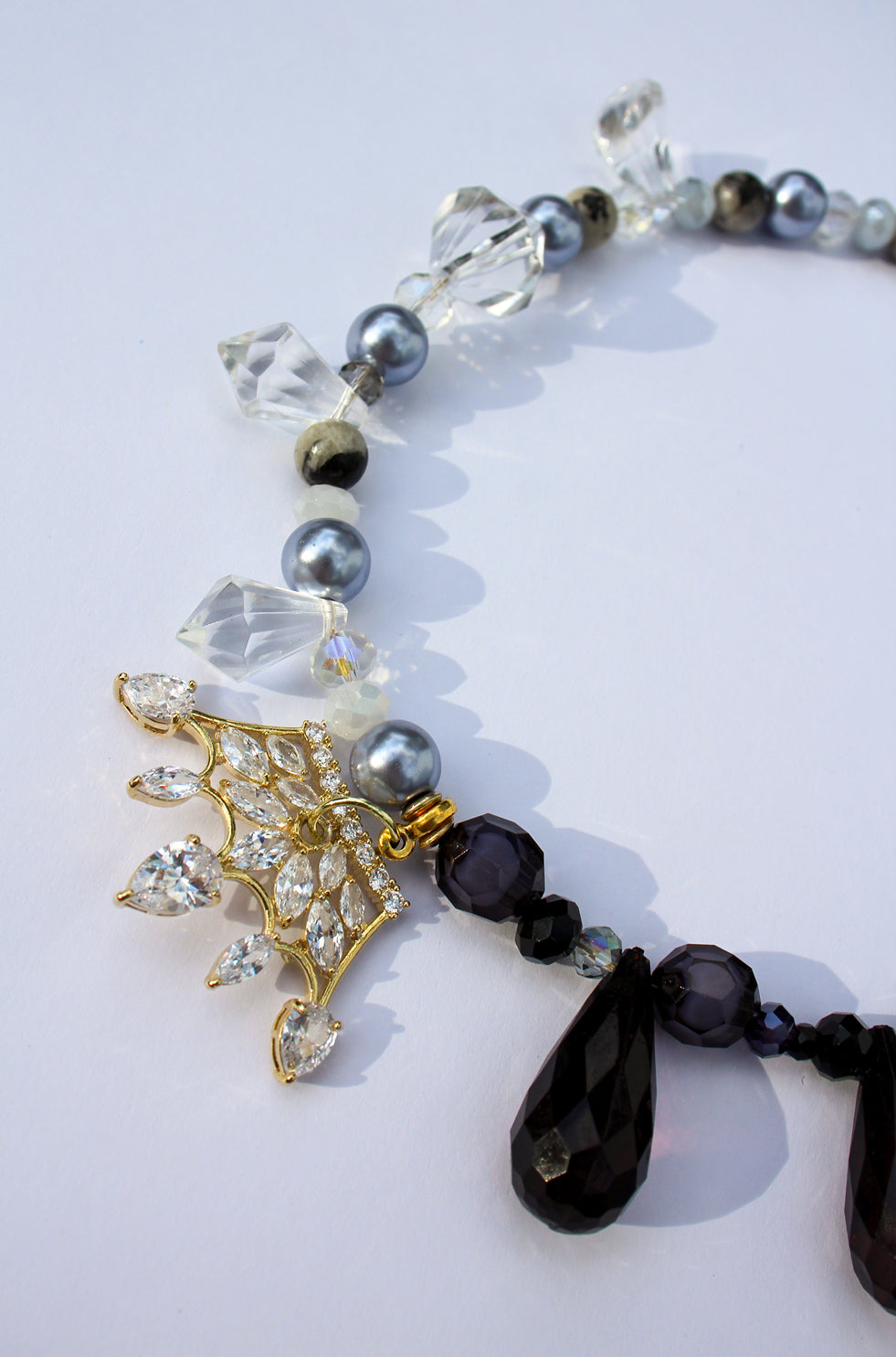 ROYALTY ~ Statement necklace with crystal crown centrepiece and faceted beads in crystal and black