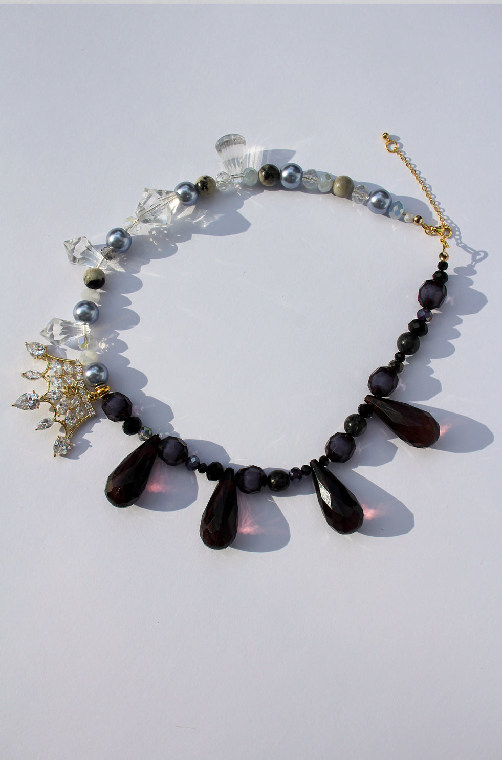 ROYALTY ~ Statement necklace with crystal crown centrepiece and faceted beads in crystal and black