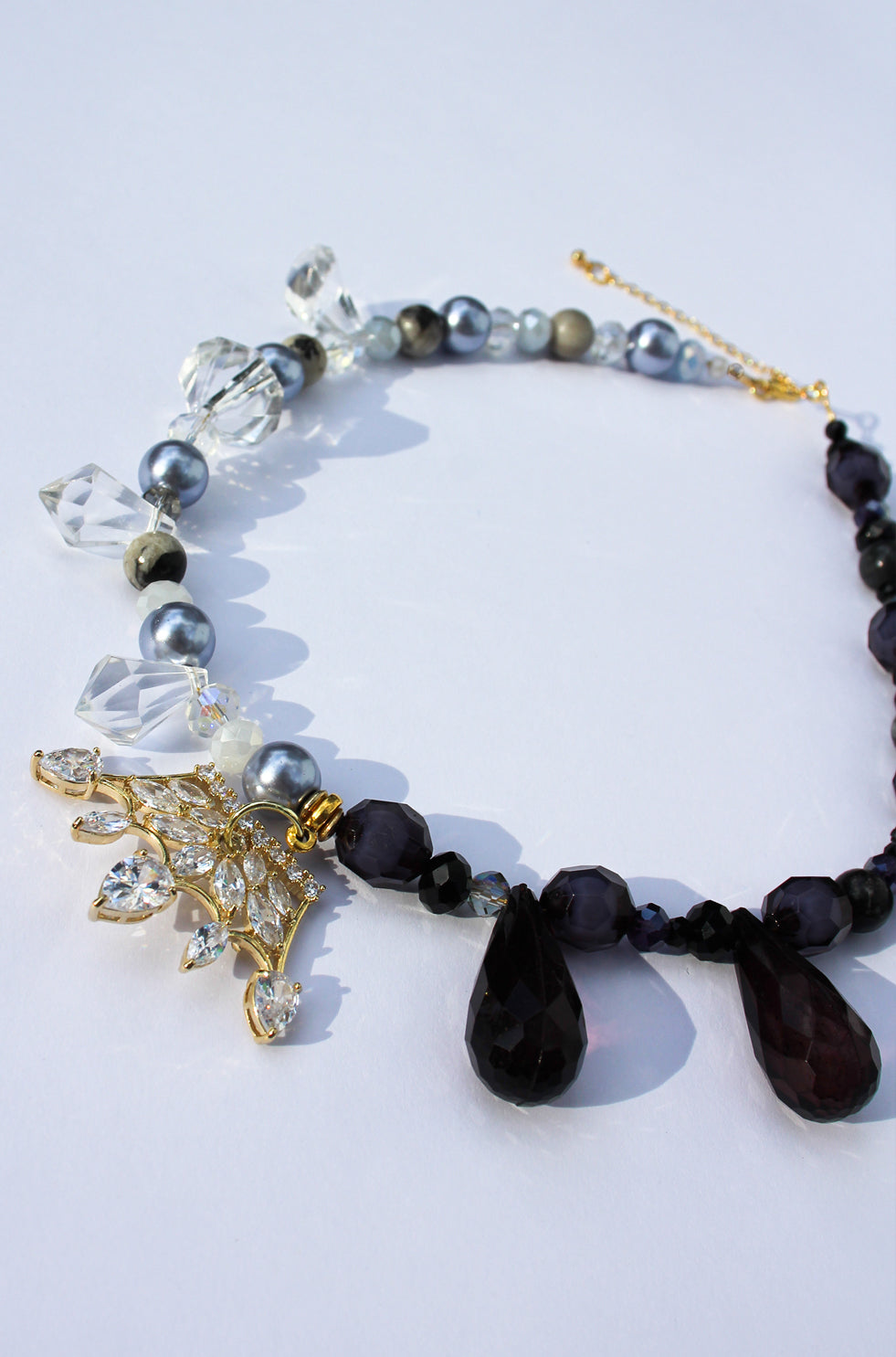 ROYALTY ~ Statement necklace with crystal crown centrepiece and faceted beads in crystal and black
