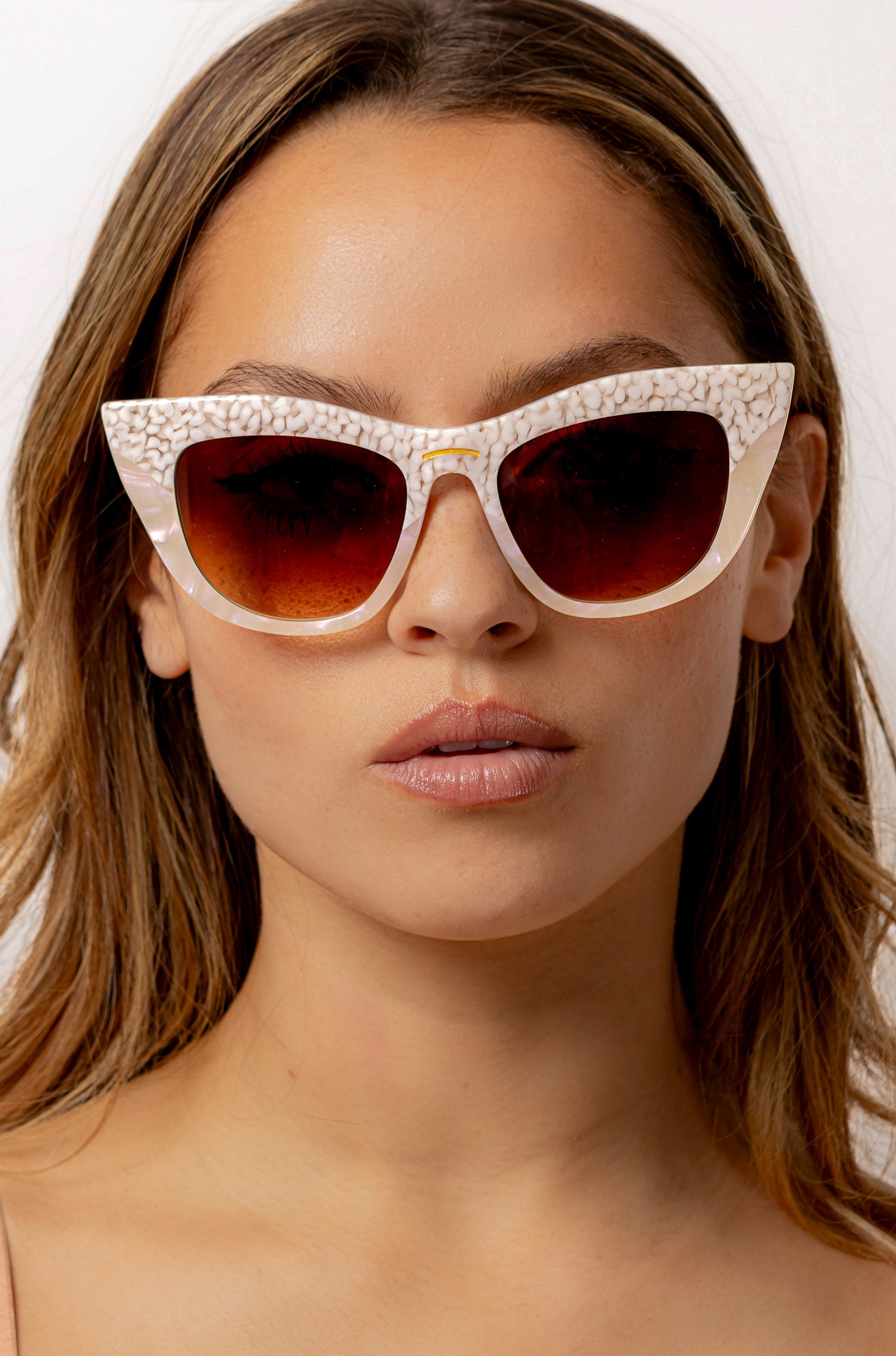 Shell ~ Two-tone cat-eye sunglasses in white bubble print and mother of pearl acetate