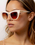 Shell ~ Two-tone cat-eye sunglasses in white bubble print and mother of pearl acetate