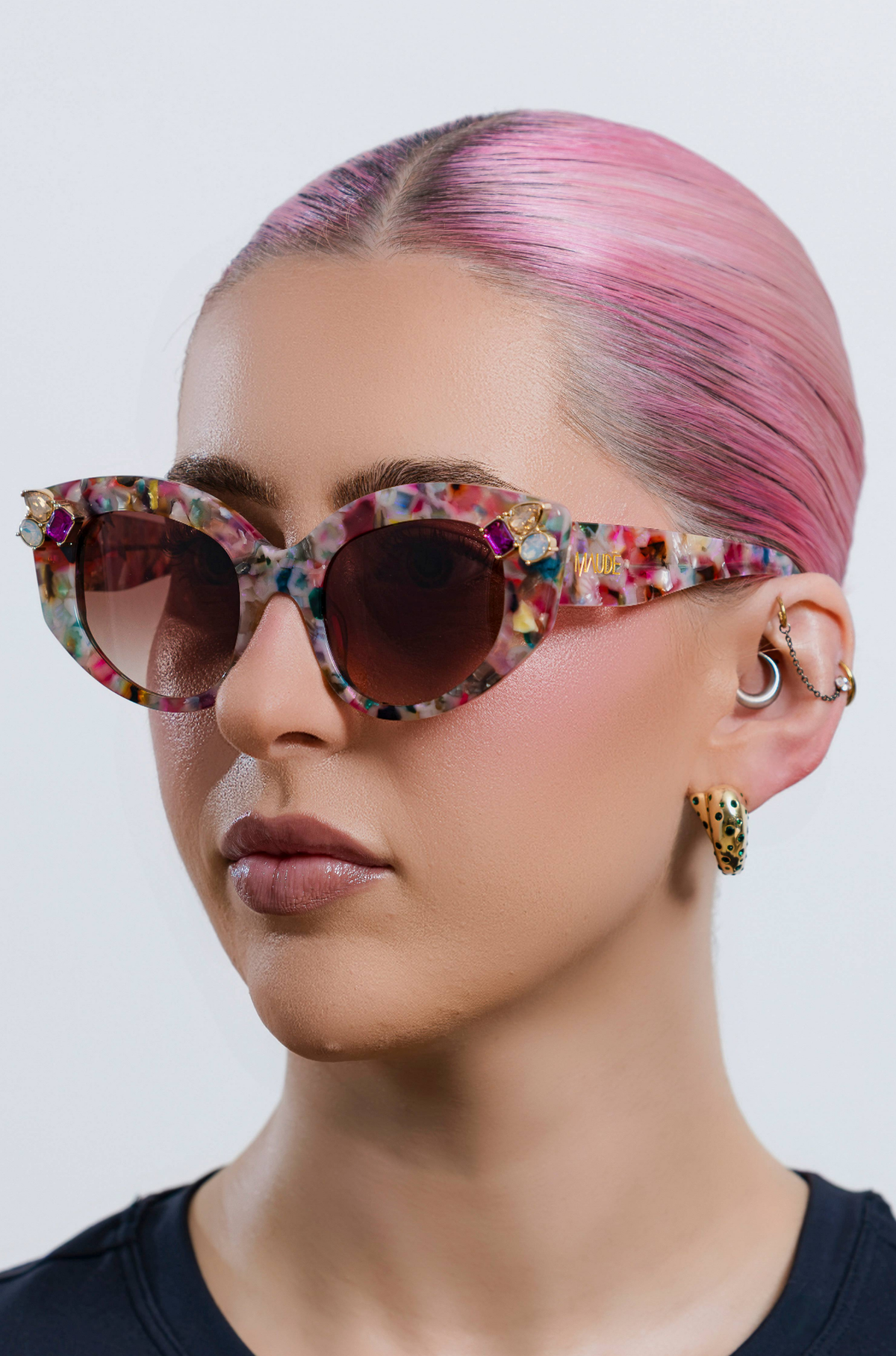 CALYPSO ~ Modern cateye sunglasses in a vibrant multicoloured acetate with crystal embellishments