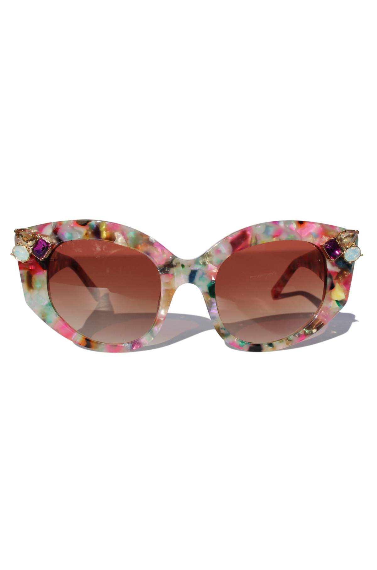 CALYPSO ~ Modern cateye sunglasses in a vibrant multicoloured acetate with crystal embellishments