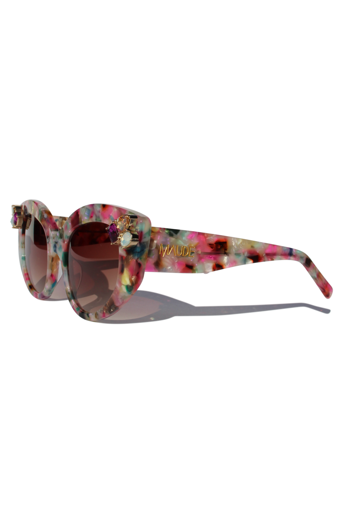 CALYPSO ~ Modern cateye sunglasses in a vibrant multicoloured acetate with crystal embellishments