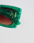 EMMARALDA ~ Square shaped sunglasses in shimmering glitter emerald green acetate