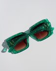 EMMARALDA ~ Square shaped sunglasses in shimmering glitter emerald green acetate