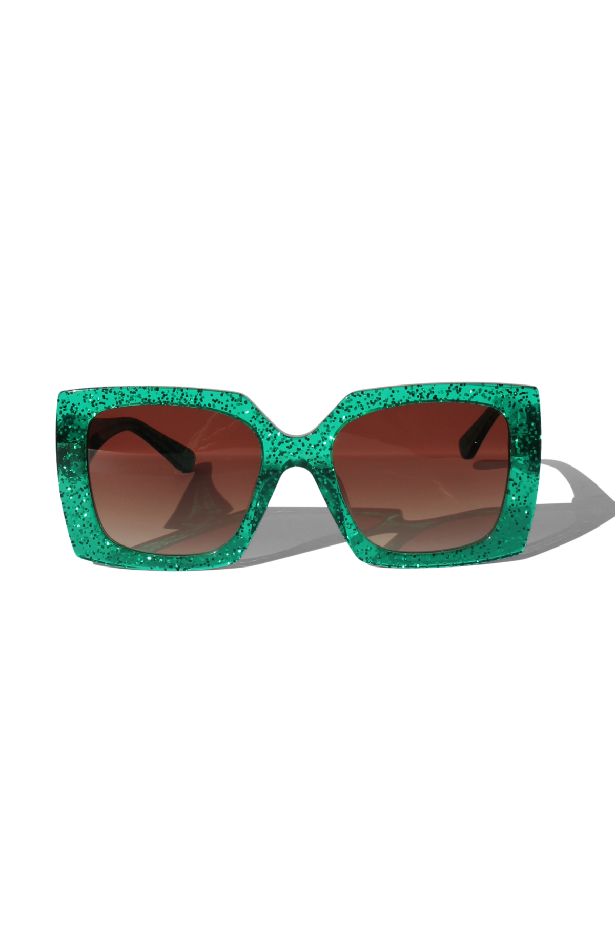 EMMARALDA ~ Square shaped sunglasses in shimmering glitter emerald green acetate