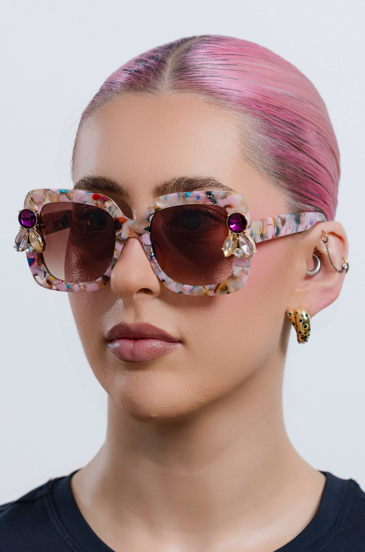 FUNFETTI ~ Oversized rounded square sunglasses in a multicoloured acetate with statement pink and honey crystals