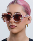 FUNFETTI ~ Oversized rounded square sunglasses in a multicoloured acetate with statement pink and honey crystals