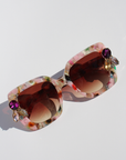 FUNFETTI ~ Oversized rounded square sunglasses in a multicoloured acetate with statement pink and honey crystals