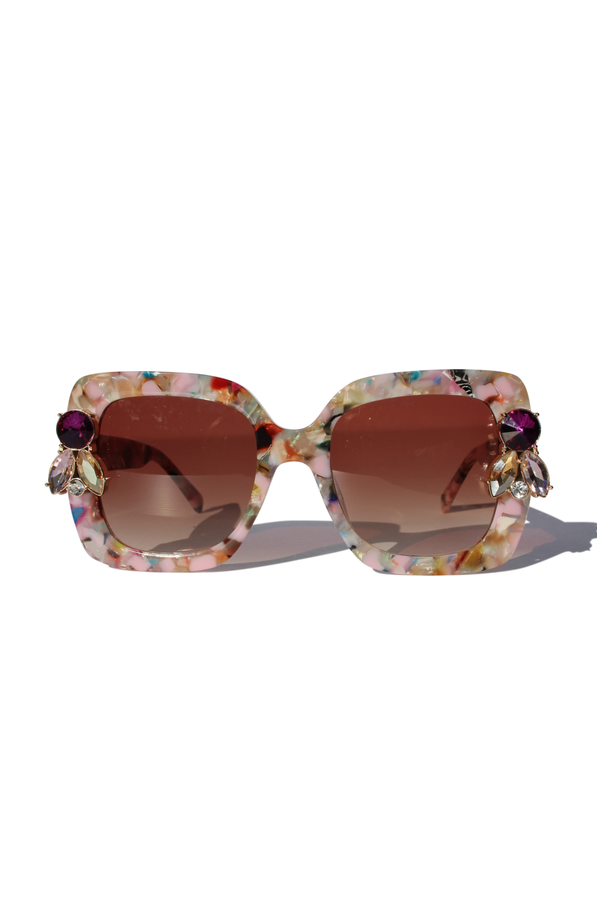 FUNFETTI ~ Oversized rounded square sunglasses in a multicoloured acetate with statement pink and honey crystals