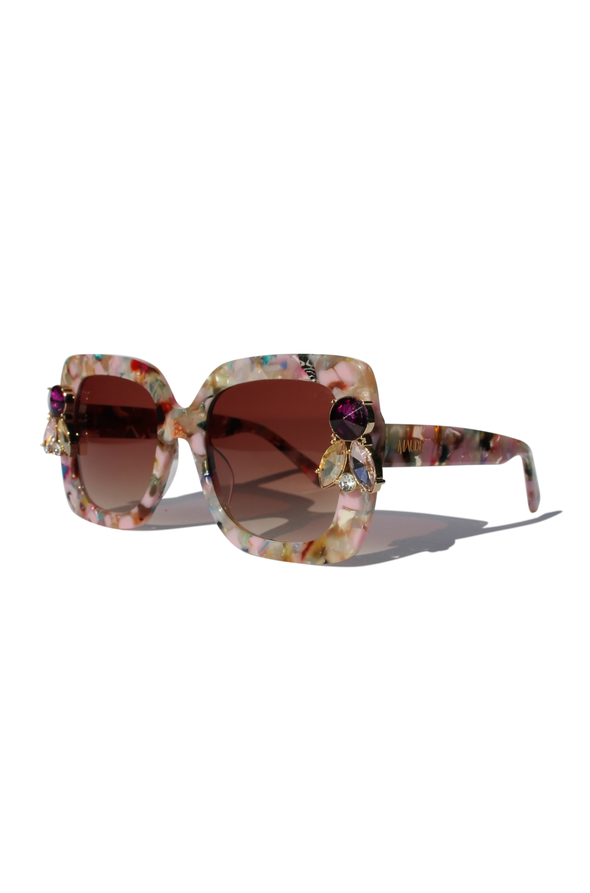 FUNFETTI ~ Oversized rounded square sunglasses in a multicoloured acetate with statement pink and honey crystals