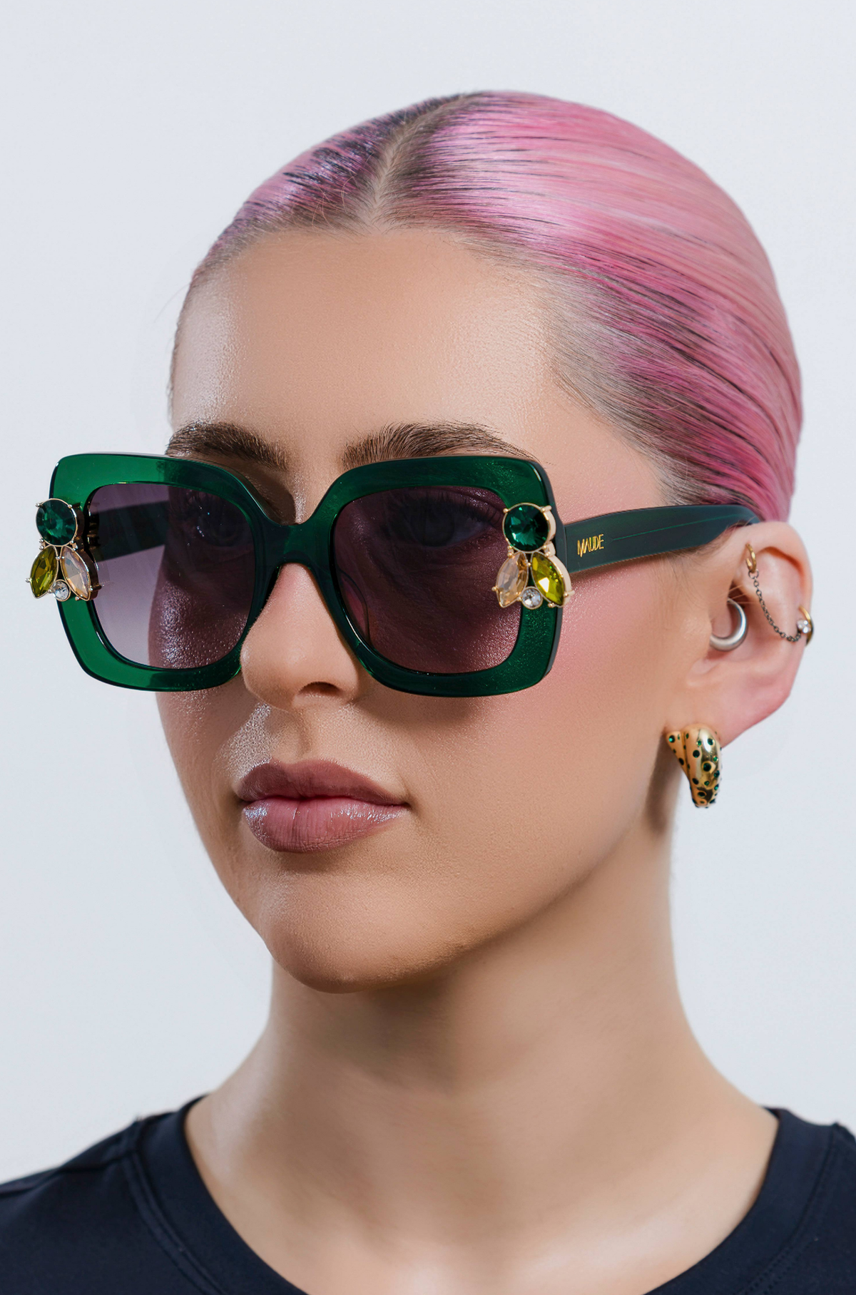 GEMERALD ~ Oversized rounded square sunglasses in a sumptuous emerald green acetate with statement crystal embellishments