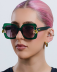 GEMERALD ~ Oversized rounded square sunglasses in a sumptuous emerald green acetate with statement crystal embellishments