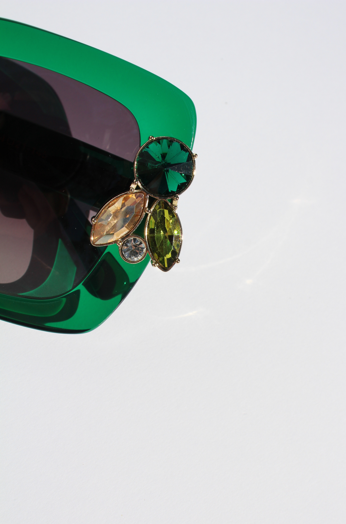 GEMERALD ~ Oversized rounded square sunglasses in a sumptuous emerald green acetate with statement crystal embellishments