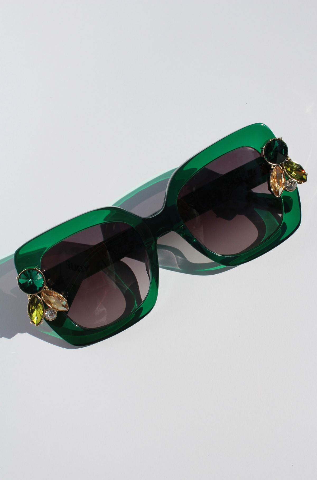 GEMERALD ~ Oversized rounded square sunglasses in a sumptuous emerald green acetate with statement crystal embellishments
