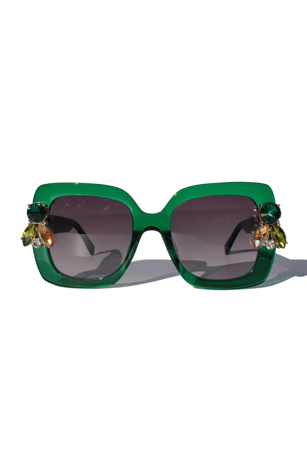 GEMERALD ~ Oversized rounded square sunglasses in a sumptuous emerald green acetate with statement crystal embellishments