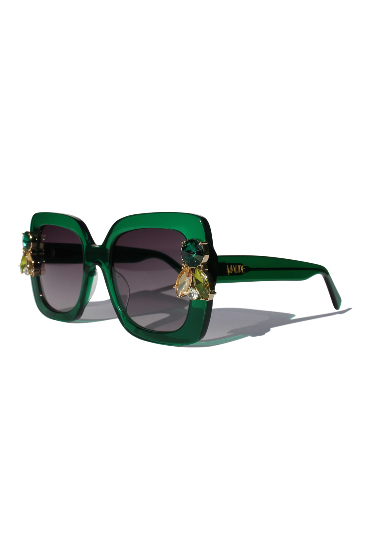 GEMERALD ~ Oversized rounded square sunglasses in a sumptuous emerald green acetate with statement crystal embellishments