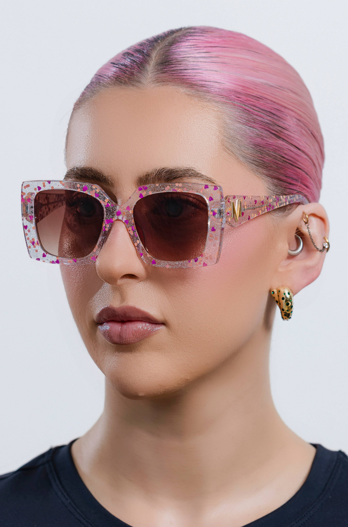 GLITTERATI ~ Square shaped sunglasses in silver glitter with a confetti of pink hearts and peach sequins