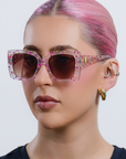 GLITTERATI ~ Square shaped sunglasses in silver glitter with a confetti of pink hearts and peach sequins