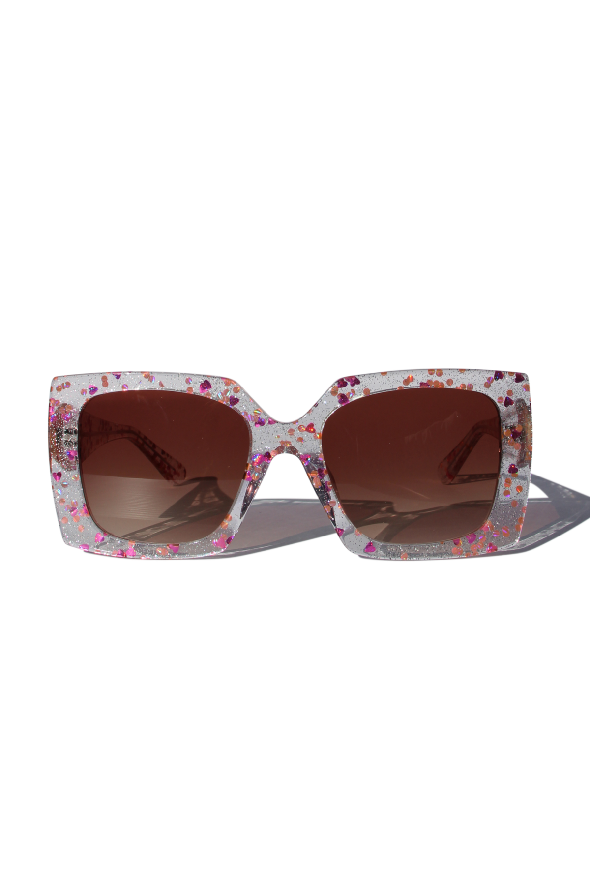 GLITTERATI ~ Square shaped sunglasses in silver glitter with a confetti of pink hearts and peach sequins