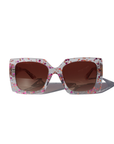 GLITTERATI ~ Square shaped sunglasses in silver glitter with a confetti of pink hearts and peach sequins