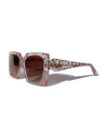 GLITTERATI ~ Square shaped sunglasses in silver glitter with a confetti of pink hearts and peach sequins