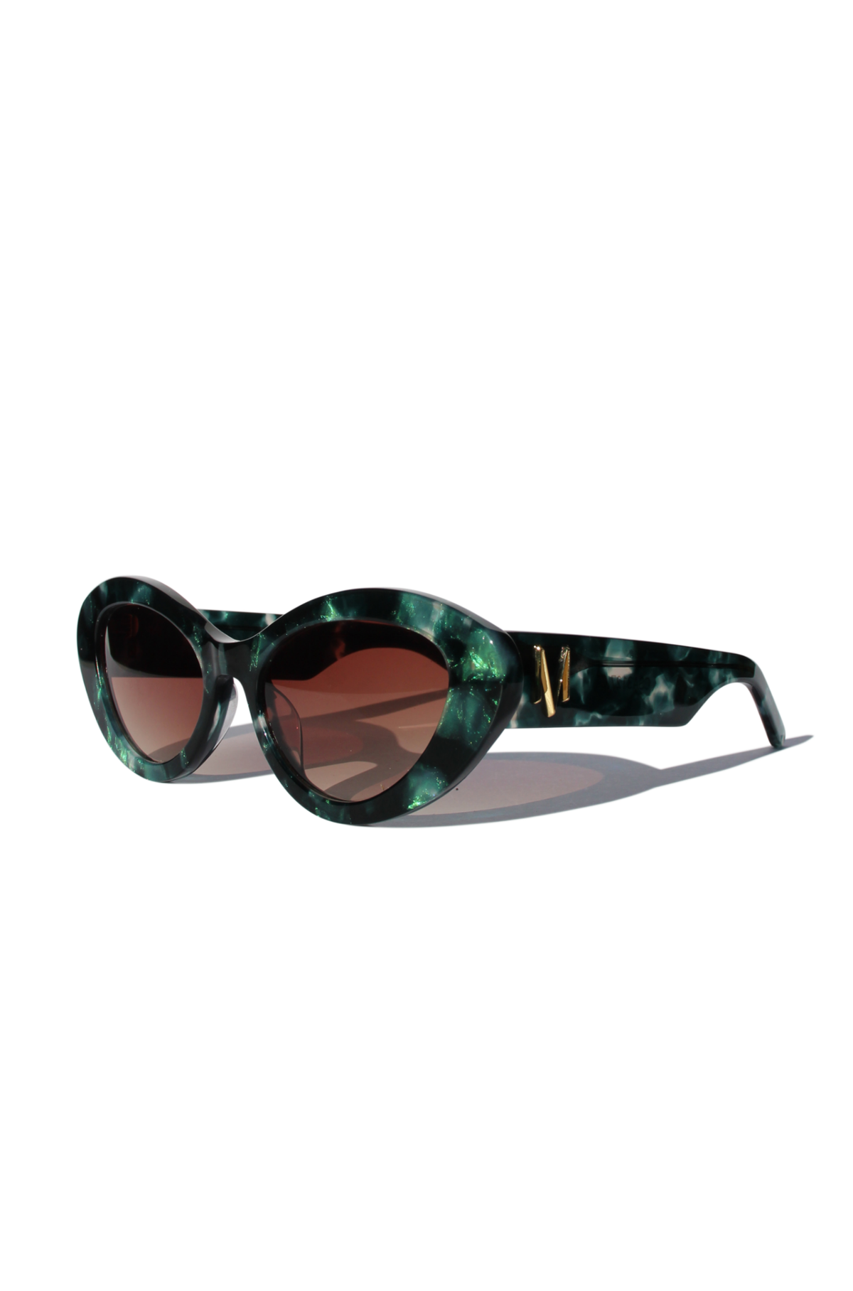 GLOWELLA ~ Oval shaped sunglasses in dark green with shimmering emerald tort