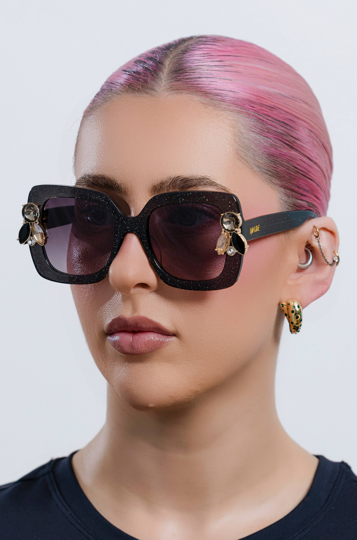 LIQUORICH ~ Oversized rounded square sunglasses in luminous black glitter acetate with crystal embellishments