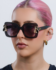 LIQUORICH ~ Oversized rounded square sunglasses in luminous black glitter acetate with crystal embellishments