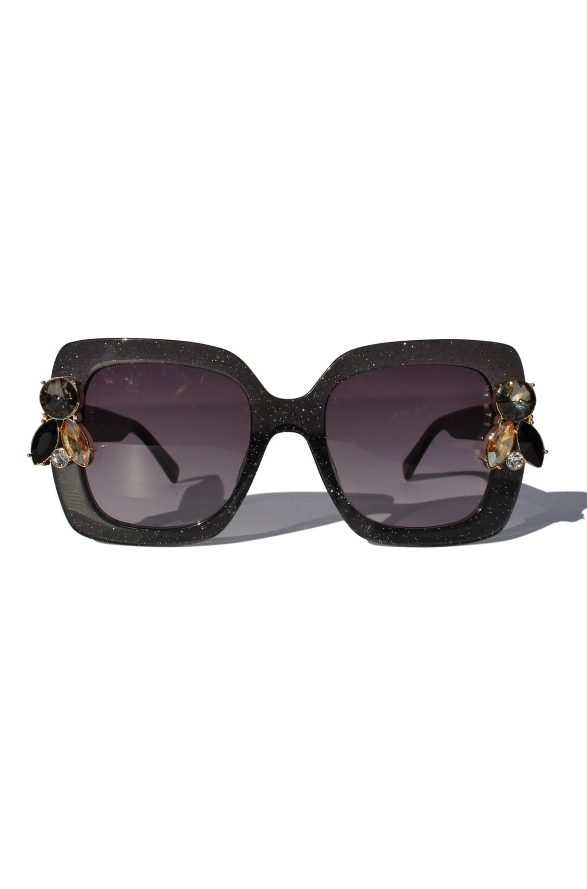 LIQUORICH ~ Oversized rounded square sunglasses in luminous black glitter acetate with crystal embellishments