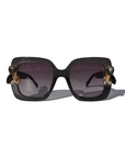 LIQUORICH ~ Oversized rounded square sunglasses in luminous black glitter acetate with crystal embellishments