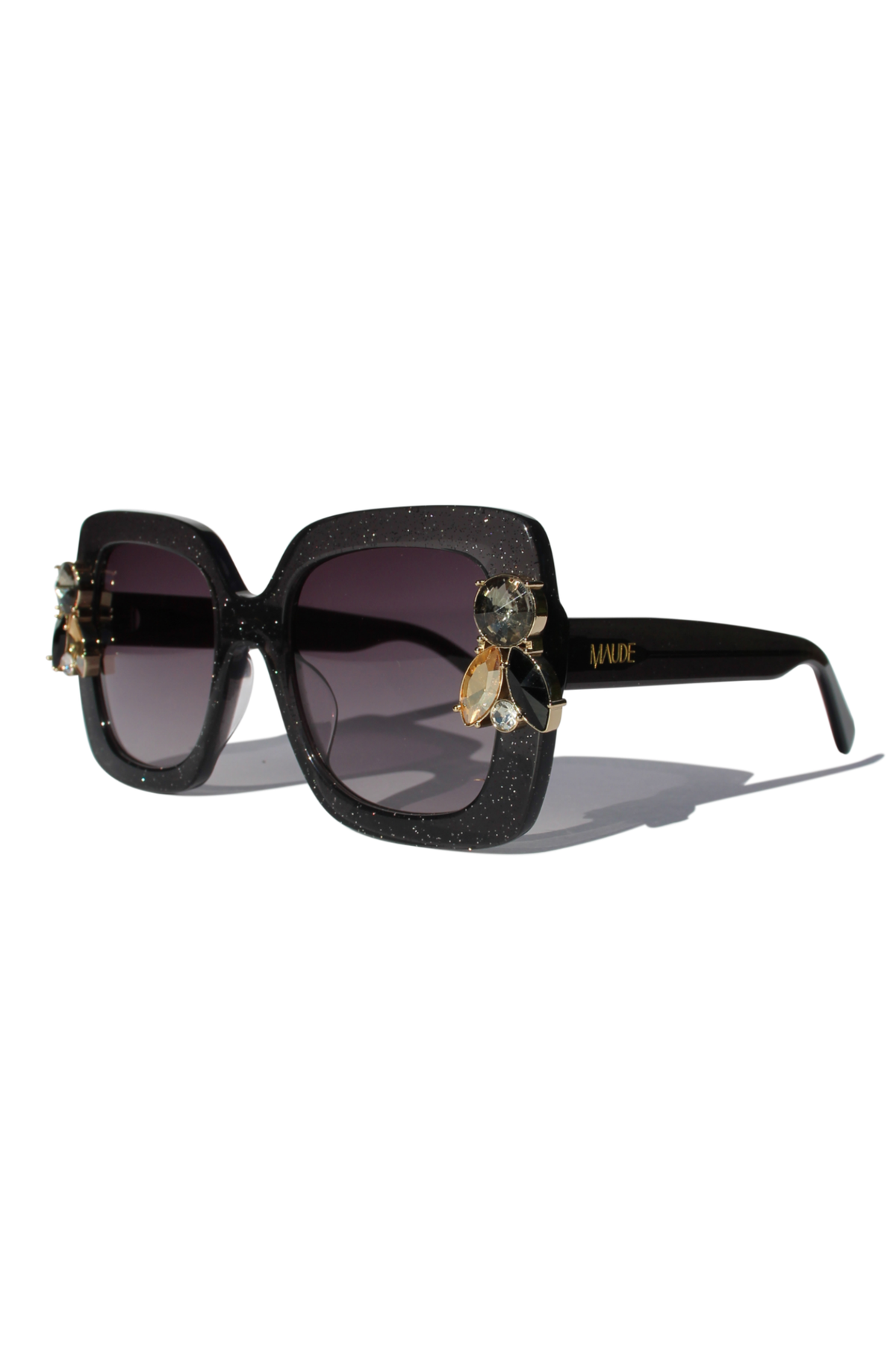 LIQUORICH ~ Oversized rounded square sunglasses in luminous black glitter acetate with crystal embellishments