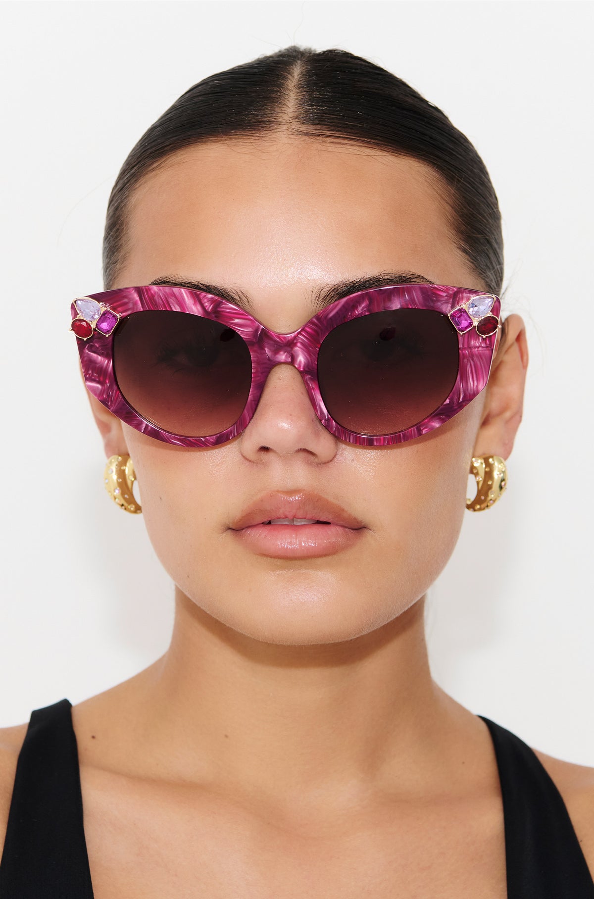RUBEYE ~ Modern cateye sunglasses in a radiant marbled crimson acetate with crystal embellishments