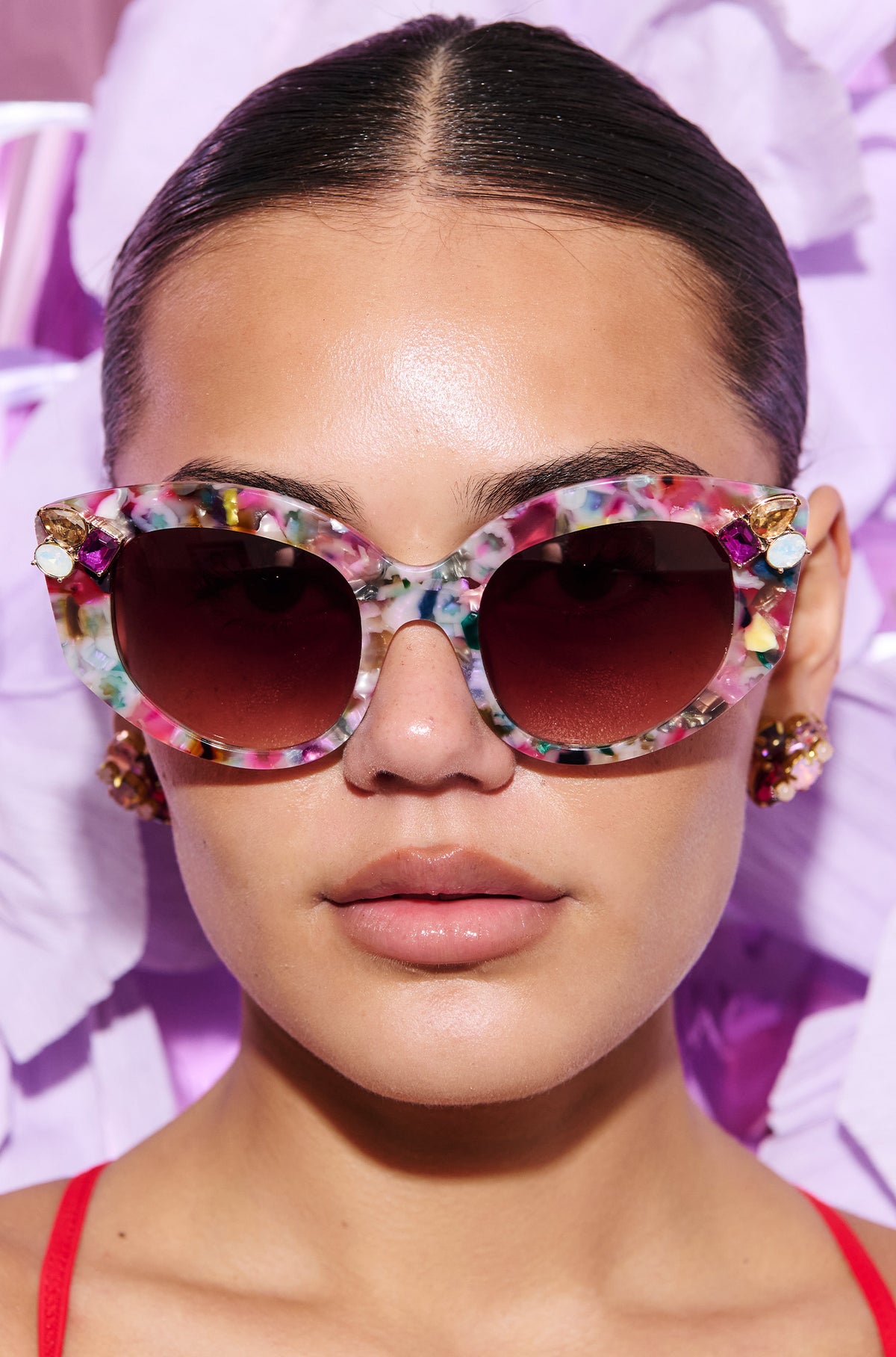 CALYPSO ~ Modern cateye sunglasses in a vibrant multicoloured acetate with crystal embellishments
