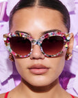 CALYPSO ~ Modern cateye sunglasses in a vibrant multicoloured acetate with crystal embellishments
