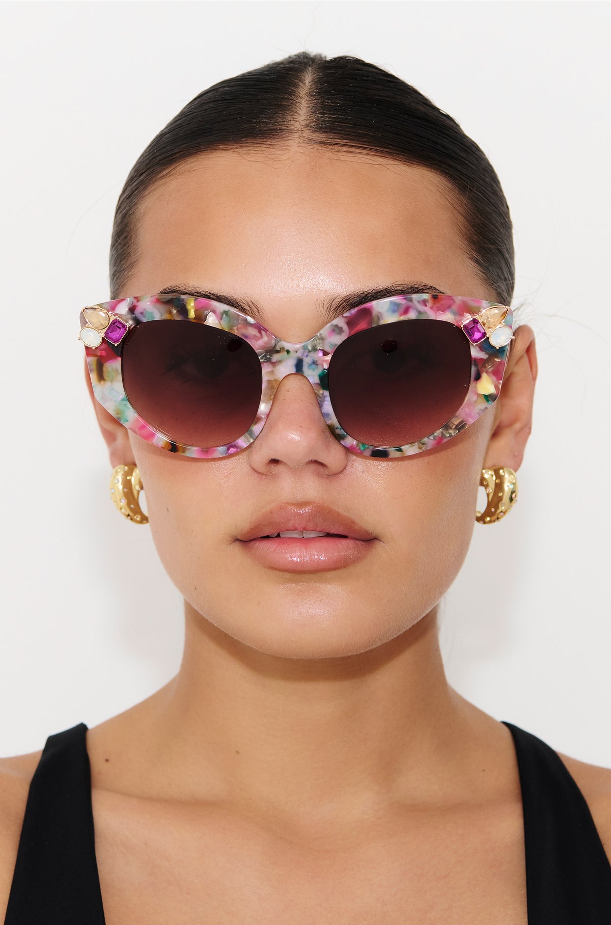CALYPSO ~ Modern cateye sunglasses in a vibrant multicoloured acetate with crystal embellishments