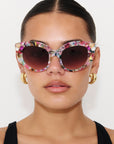 CALYPSO ~ Modern cateye sunglasses in a vibrant multicoloured acetate with crystal embellishments