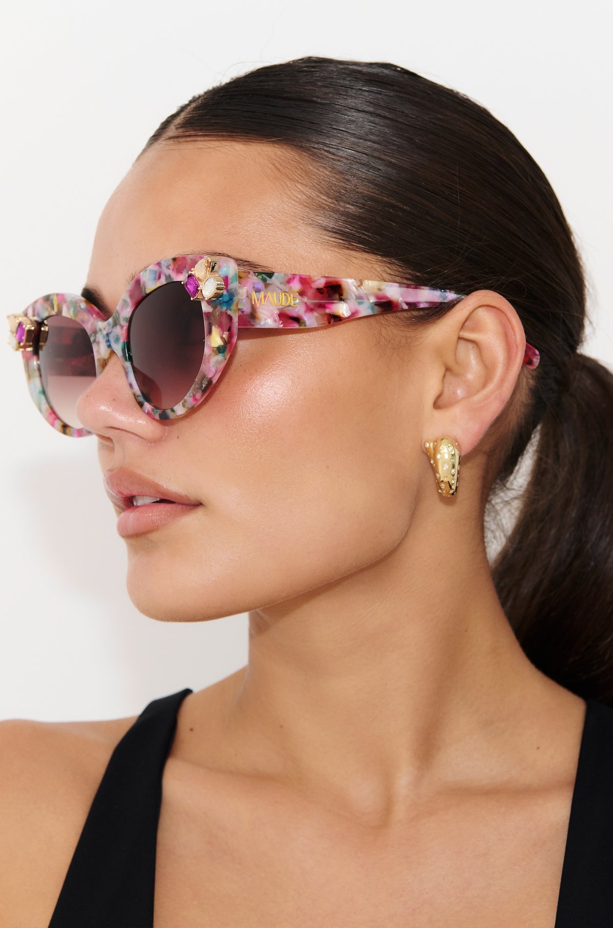 CALYPSO ~ Modern cateye sunglasses in a vibrant multicoloured acetate with crystal embellishments