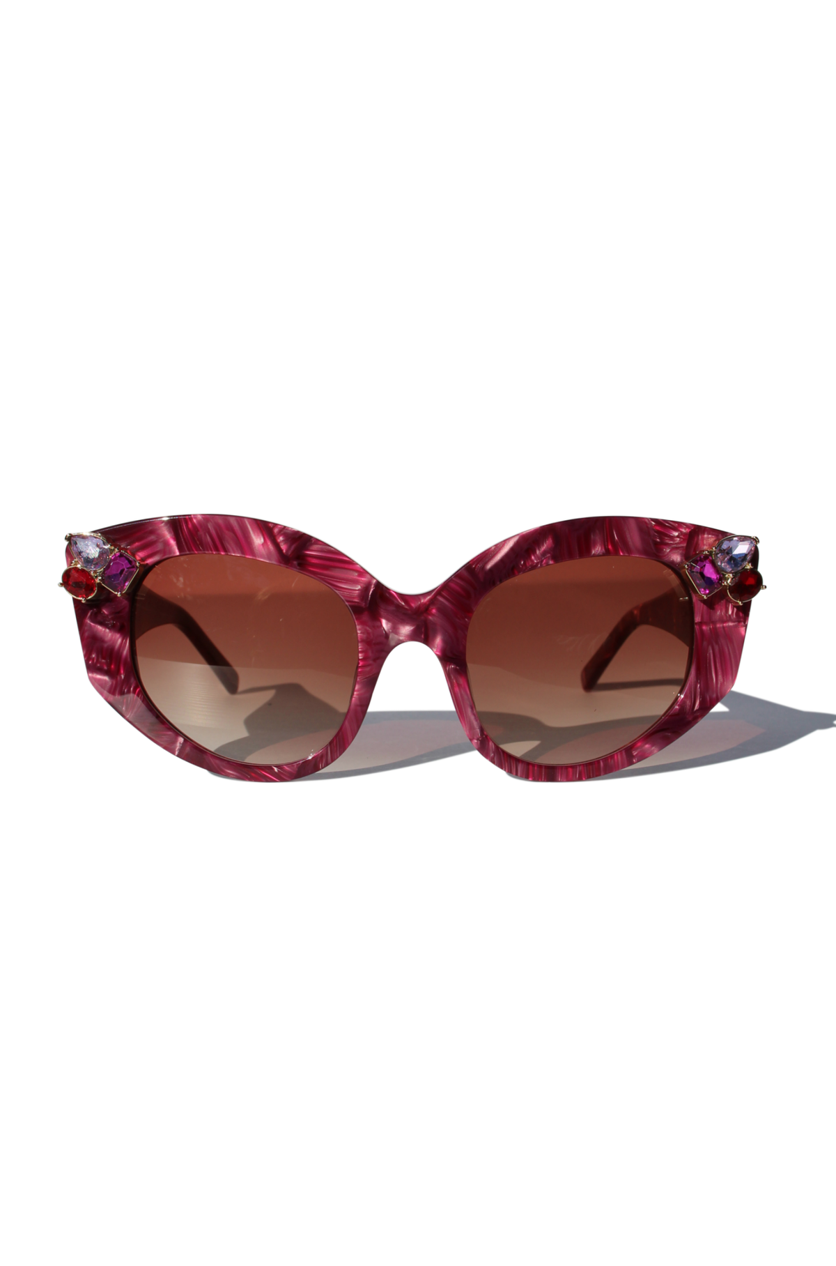 RUBEYE ~ Modern cateye sunglasses in a radiant marbled crimson acetate with crystal embellishments