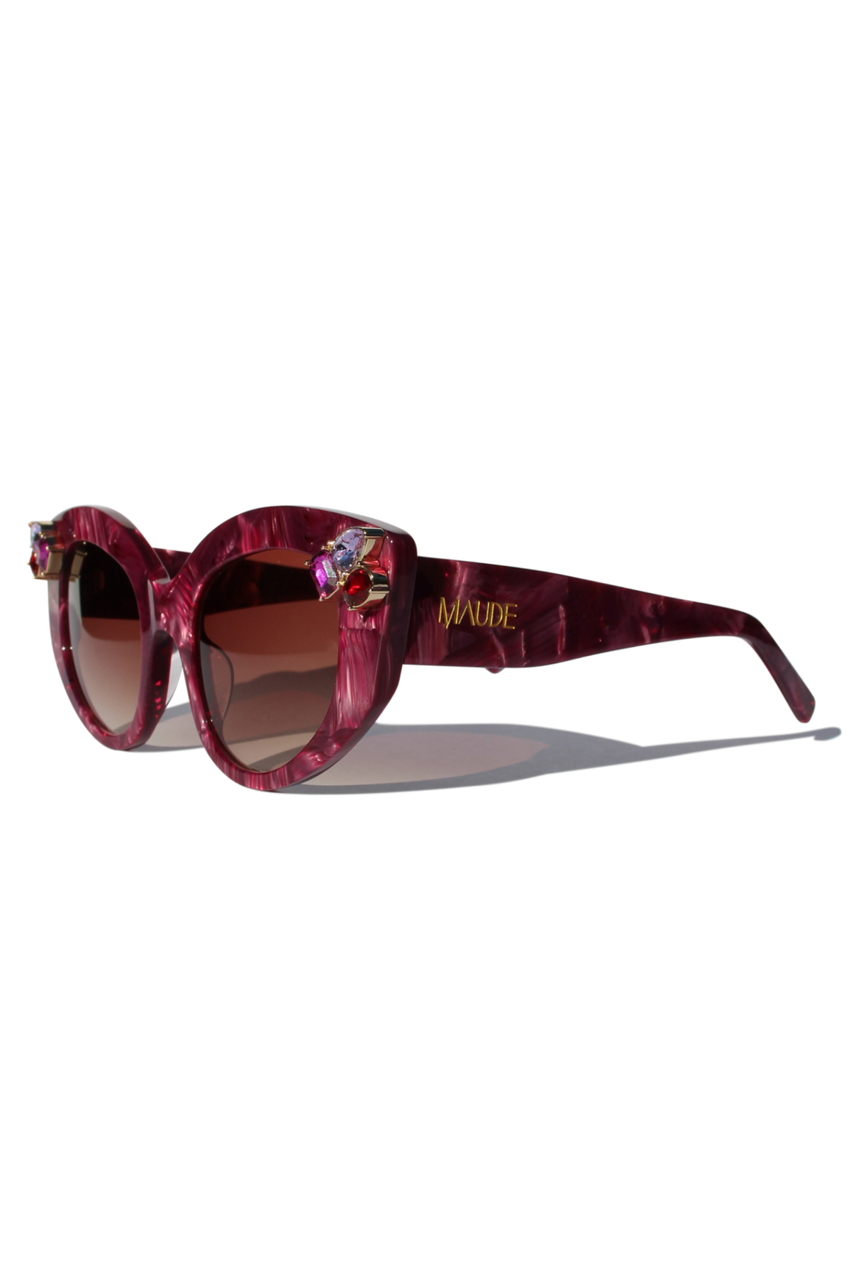 RUBEYE ~ Modern cateye sunglasses in a radiant marbled crimson acetate with crystal embellishments