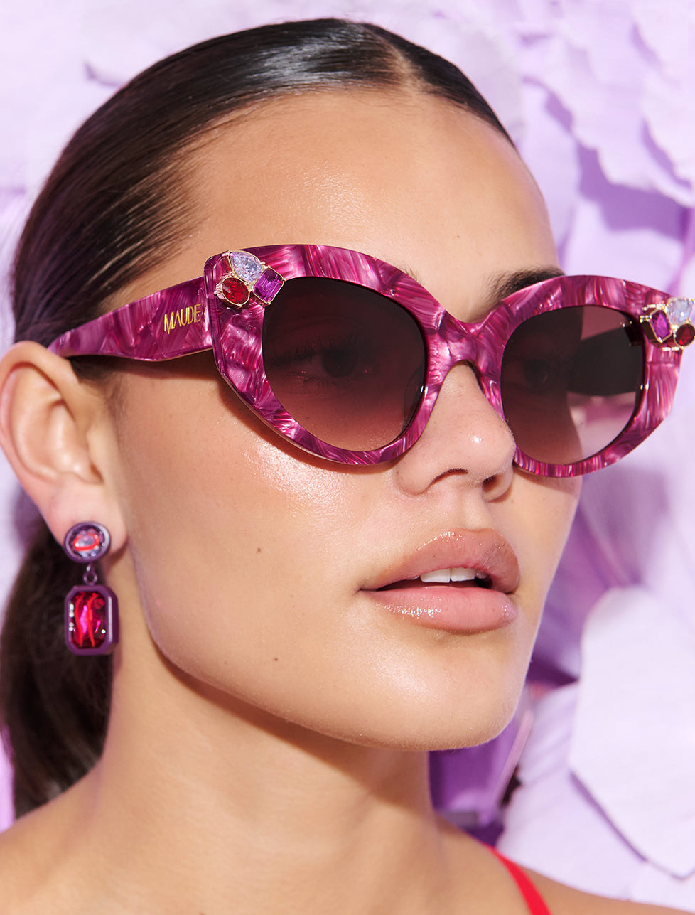 RUBEYE ~ Modern cateye sunglasses in a radiant marbled crimson acetate with crystal embellishments