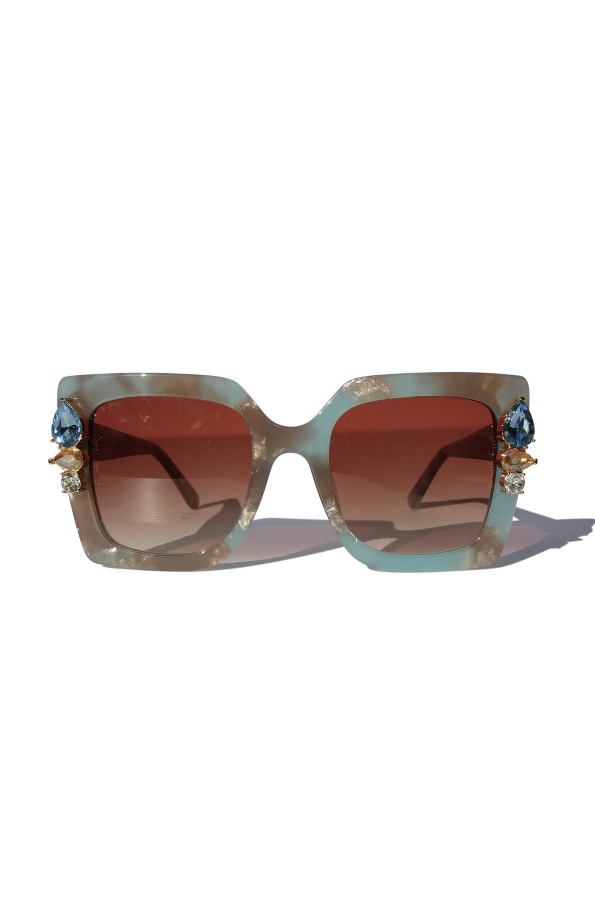 SKYSHINE ~ Oversized square sunglasses in a pale blue and shimmering apricot acetate with statement crystal embellishments