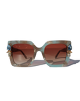 SKYSHINE ~ Oversized square sunglasses in a pale blue and shimmering apricot acetate with statement crystal embellishments