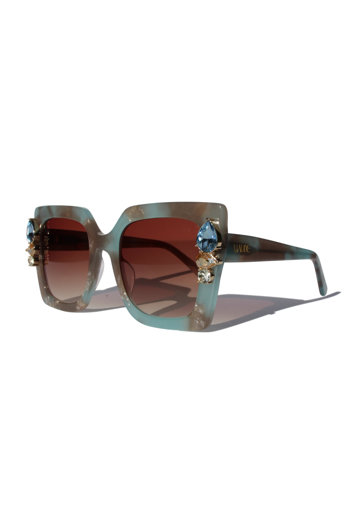 SKYSHINE ~ Oversized square sunglasses in a pale blue and shimmering apricot acetate with statement crystal embellishments