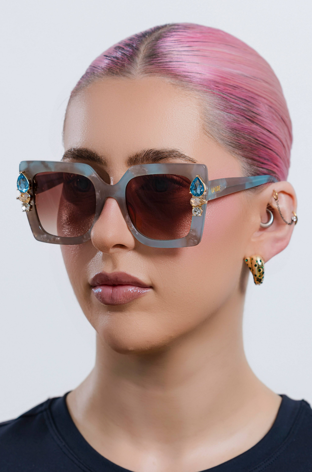 SKYSHINE ~ Oversized square sunglasses in a pale blue and shimmering apricot acetate with statement crystal embellishments