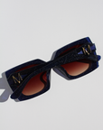 STARLETTE ~ Square shaped sunglasses in navy with shimmering silver glitter